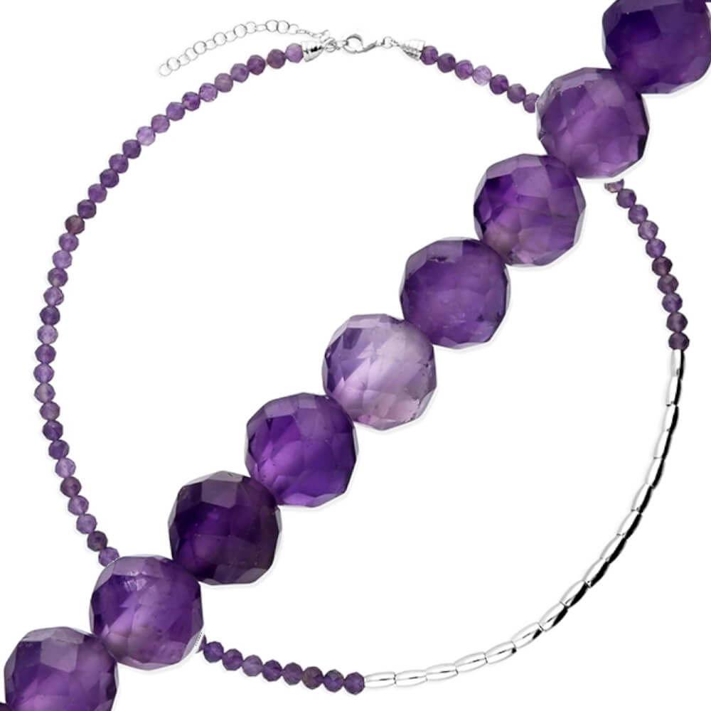 Amethyst Necklace with Asymmetric Sterling Silver Beaded Design (N41)S)