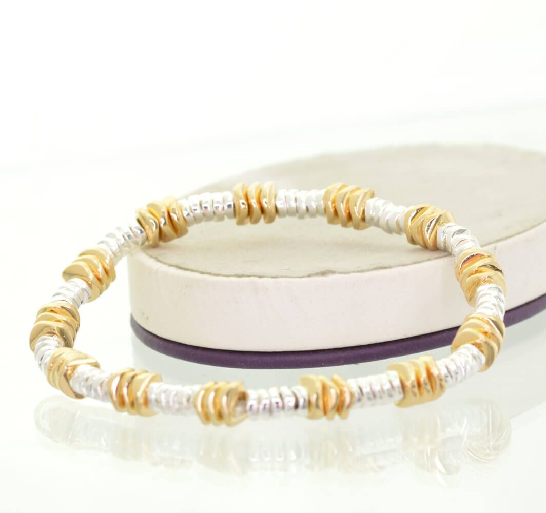 Chunky Silver and Gold Tone Beaded Stretch Bracelet (M471)B