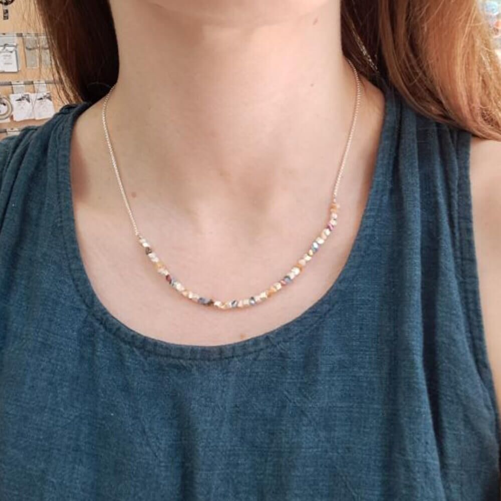 Dainty Silver Tone Necklace with Blue and Peach Tone Quartz Chip Beads