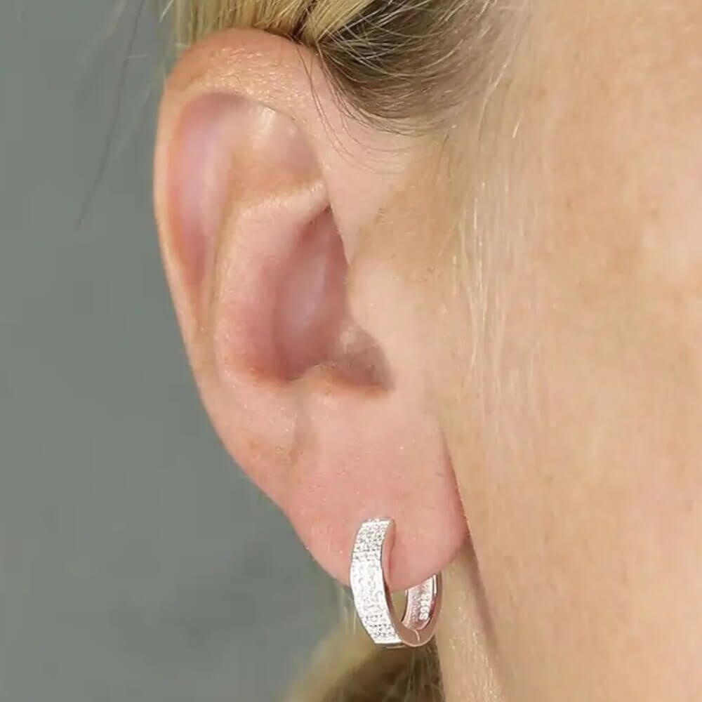 terling Silver and Triple Gem Row Hinged Huggy Hoop Earrings