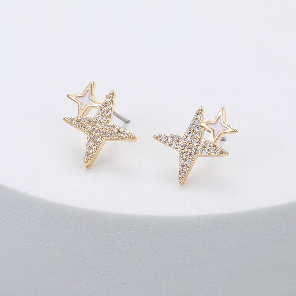 Sparkly Gold Tone Twinkle Double Star Design Stud Earrings