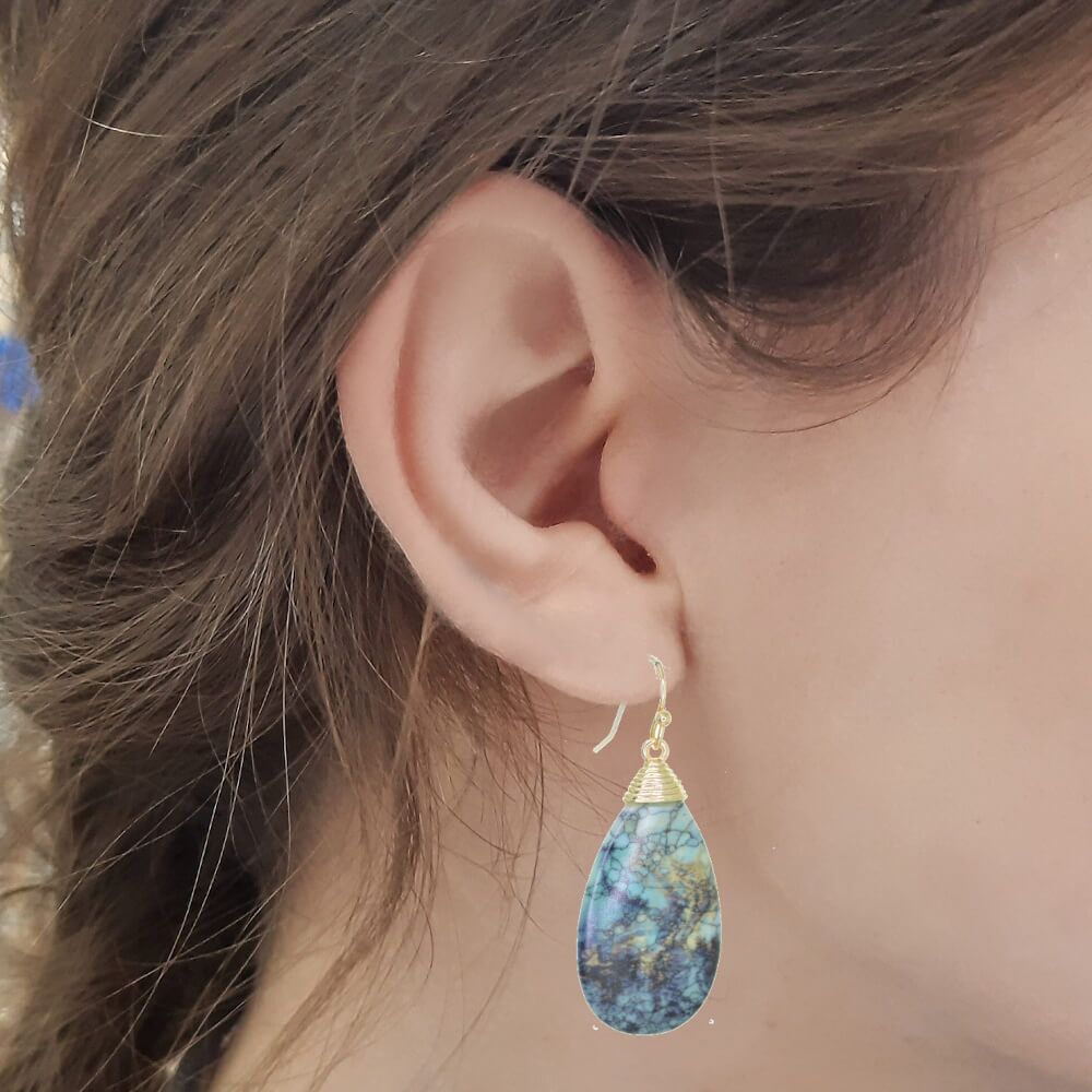 Stunning Veined Blue Howlite Stone Drop Earrings