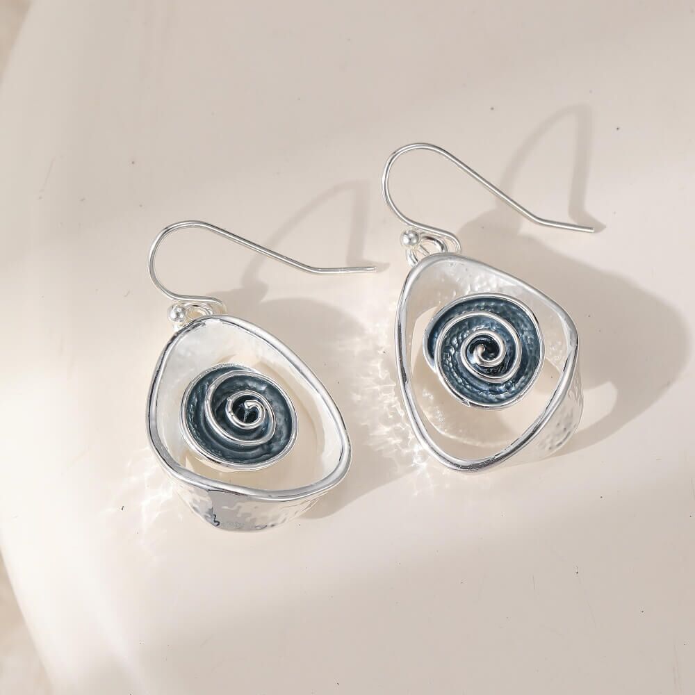 Abstract Shaped Silver Tone Drop Earrings with Grey Spirals (3cm x 1.5cm) (
