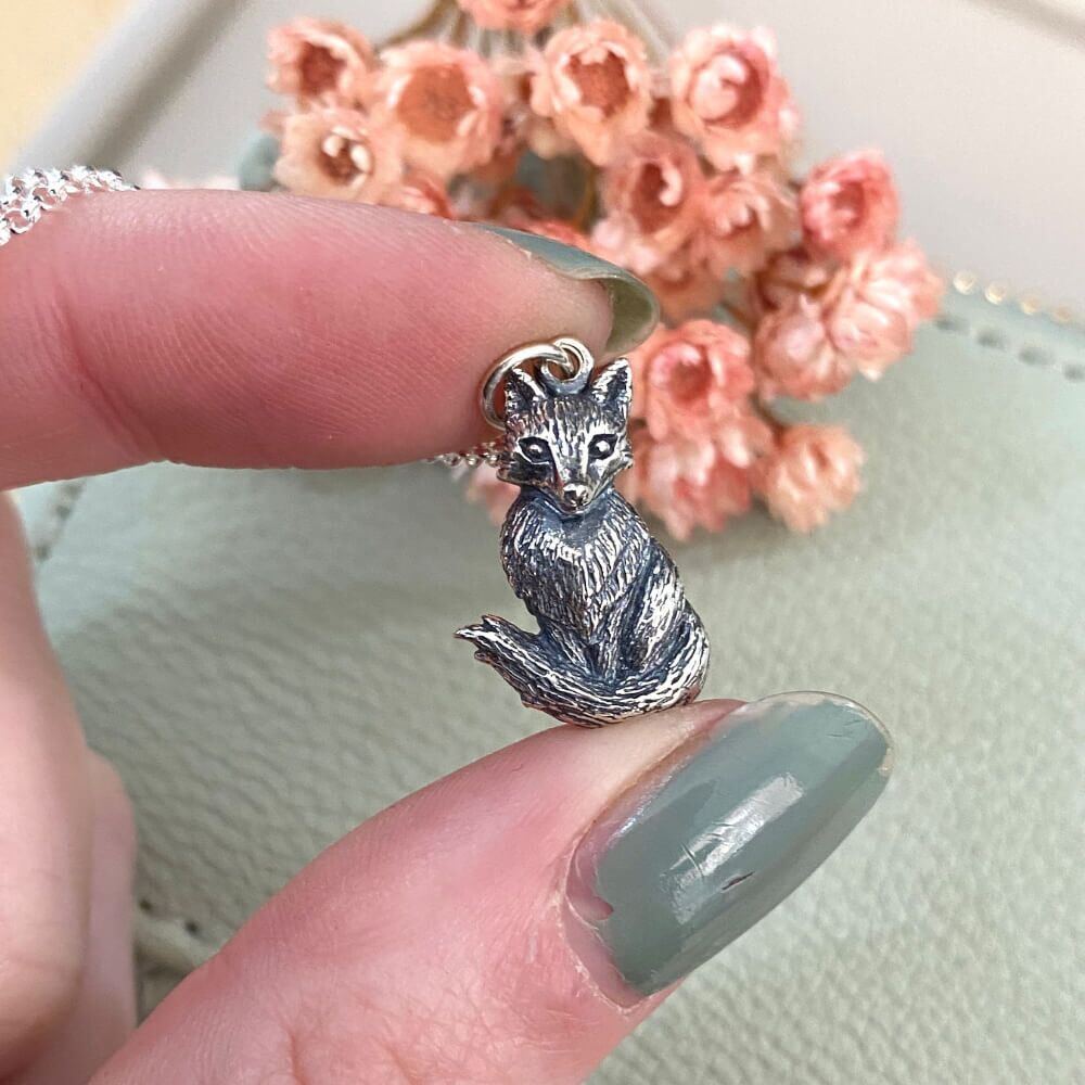 Oxidised Sterling Silver Cute Sitting Fox Pendant