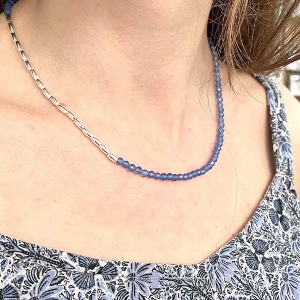 Blue Agate Necklace with Asymmetric Gold-Plated Sterling Silver Beaded Design