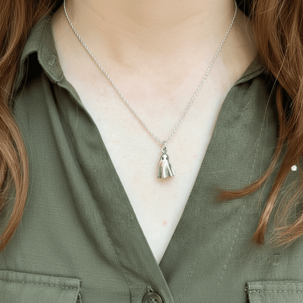 Adorable 3D Sterling Silver Spooky Ghost Pendant (8mm x 17mm) (N304)