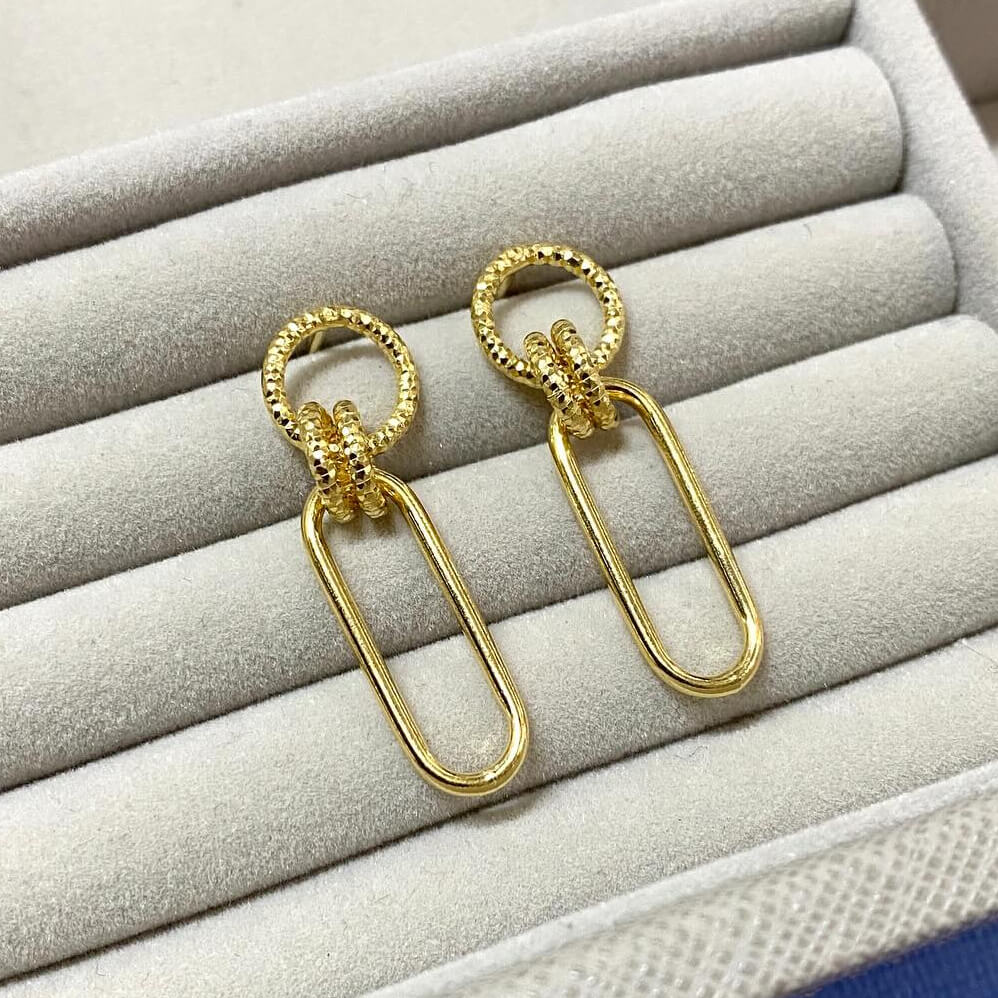 Gold Plated Sterling Silver Textured Circle and Smooth Oblong Drop Earrings (30mm x 10mm) (E358)