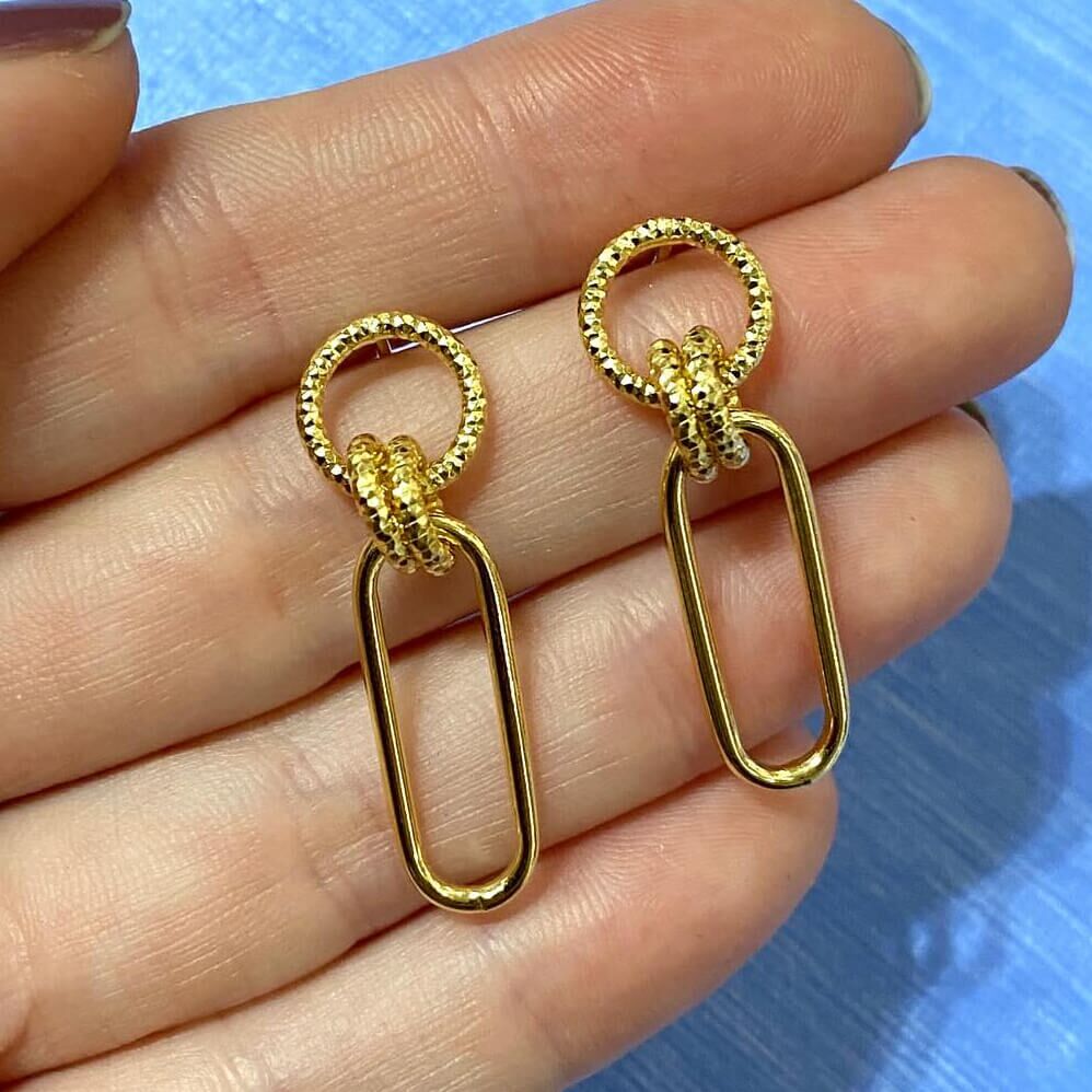 Gold Plated Sterling Silver Textured Circle and Smooth Oblong Drop Earrings (30mm x 10mm) (E358)