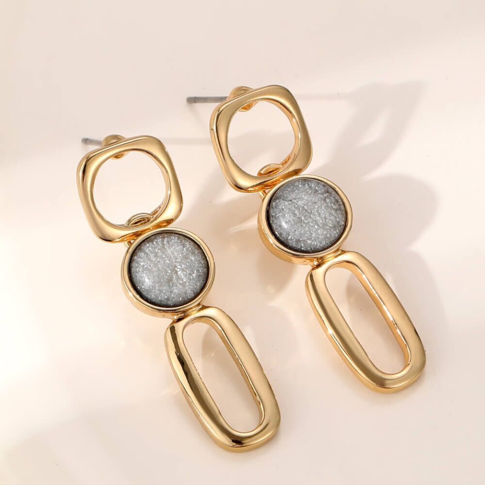 Gold Tone Elegant Stud Earrings with Rounded Squares and Grey Shimmery Stones (3.5cm x 1cm) (M304)g)-0