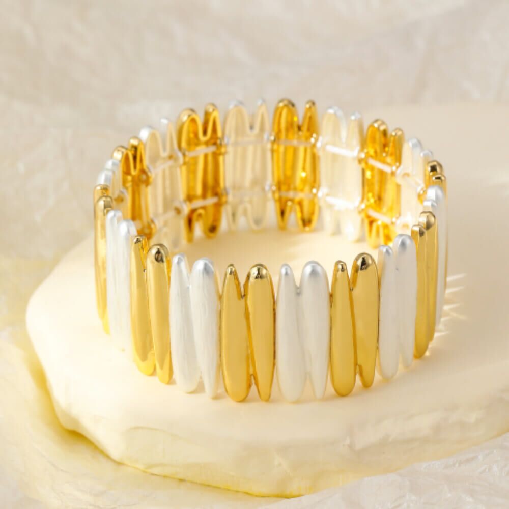 Tall Silver and Gold Tone Stretch Style Structural Cuff Bracelet (M527)SG)