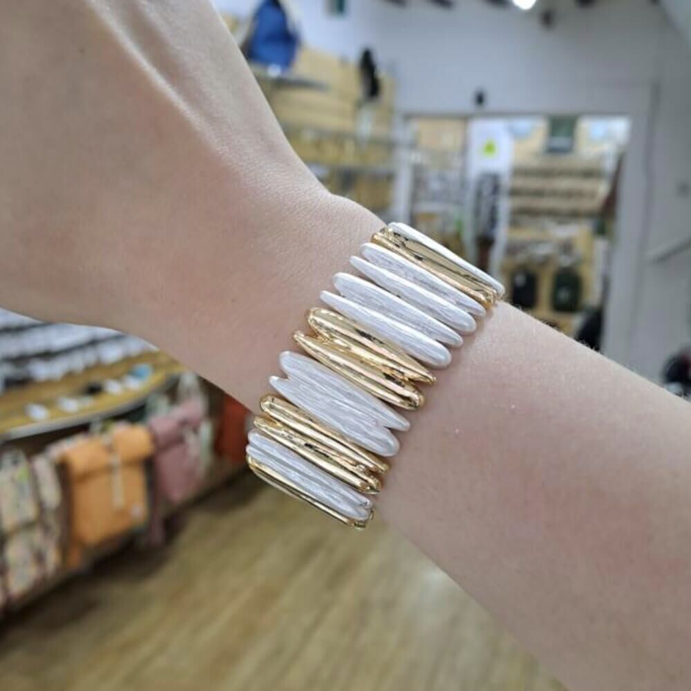 Tall Silver and Gold Tone Stretch Style Structural Cuff Bracelet (M527)SG)