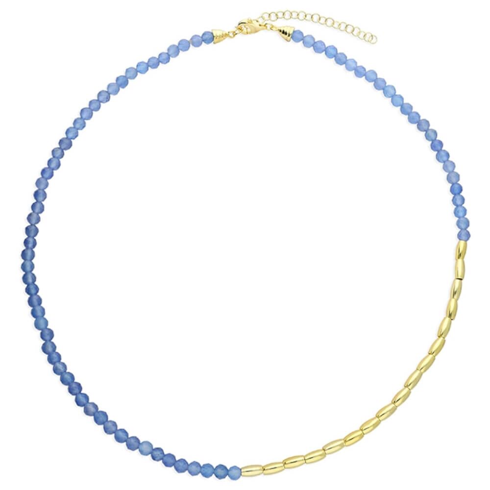 Blue Agate Necklace with Asymmetric Gold-Plated Sterling Silver Beaded Design