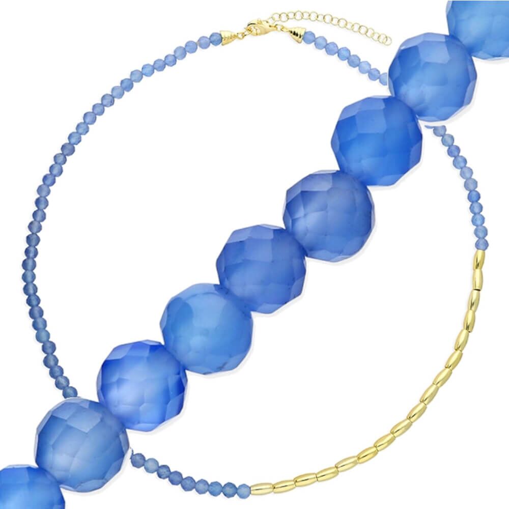 Blue Agate Necklace with Asymmetric Gold-Plated Sterling Silver Beaded Design