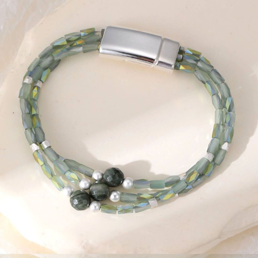Beautiful Magnetic Necklace with Triple Layered Light Green Beaded Strands (M2)B)