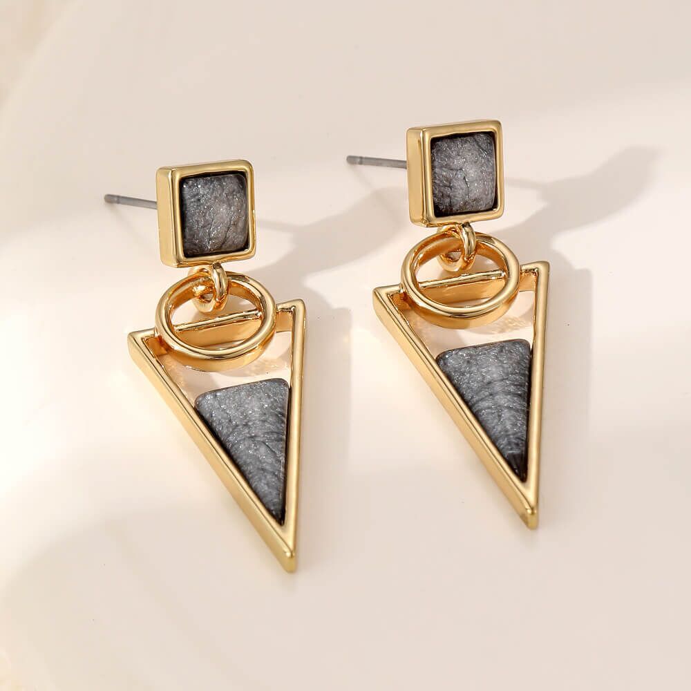 Beautiful Art Deco Gold Tone Triangle Earrings with Shimmery Grey Stones