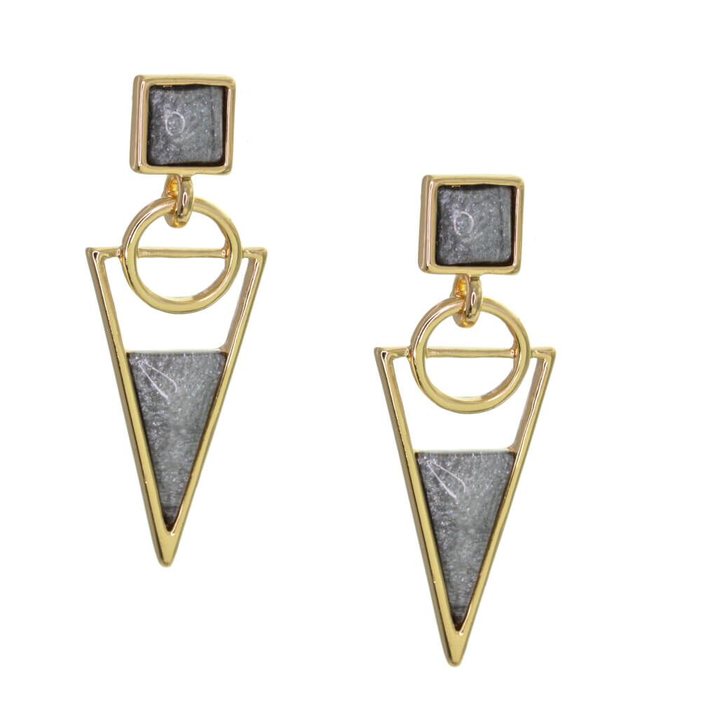 Beautiful Art Deco Gold Tone Triangle Earrings with Shimmery Grey Stones