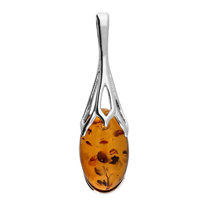 Beautiful Sterling Silver Elongated Cognac Amber Pendant