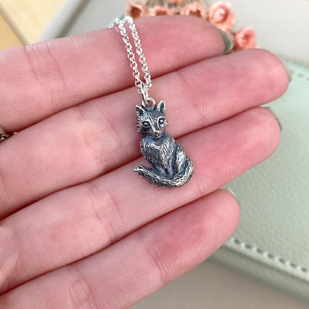 Oxidised Sterling Silver Cute Sitting Fox Pendant