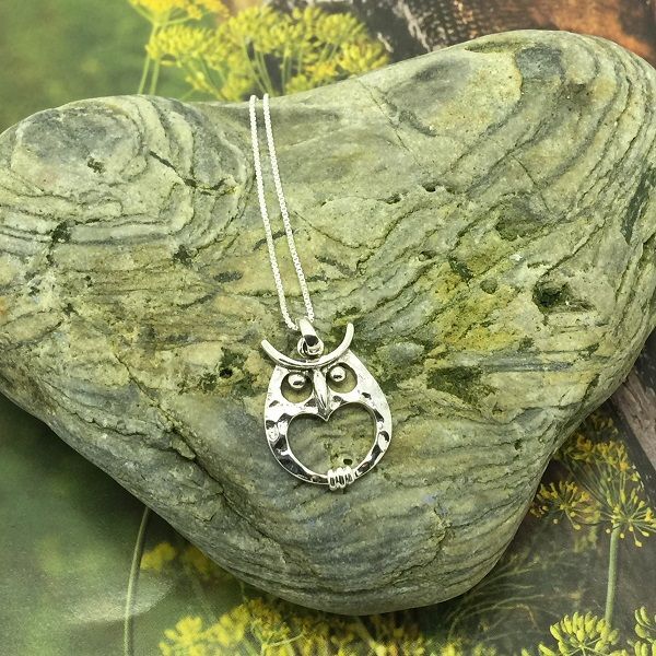 Round Sterling Silver Owl and Heart Pendant