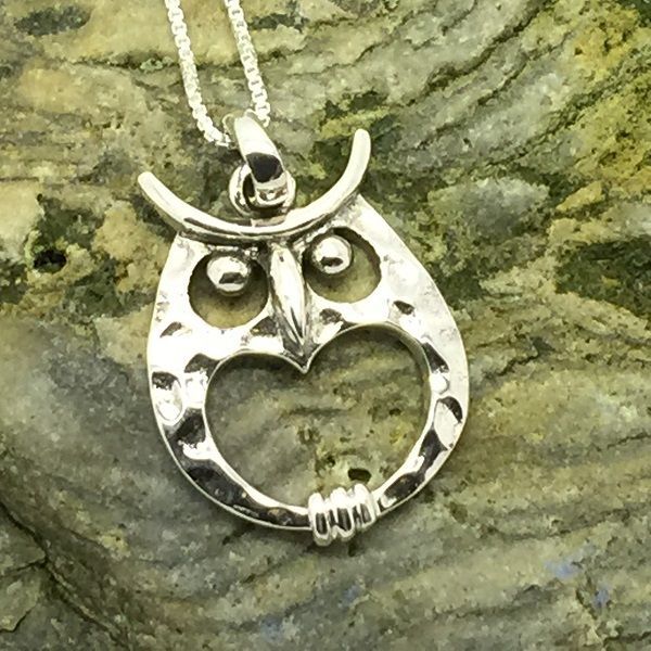 Round Sterling Silver Owl and Heart Pendant