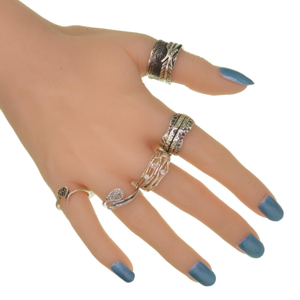 Sterling Silver Jewellery: Chunky Oxidised Textured Ring with Spinning Leaf (SR104)