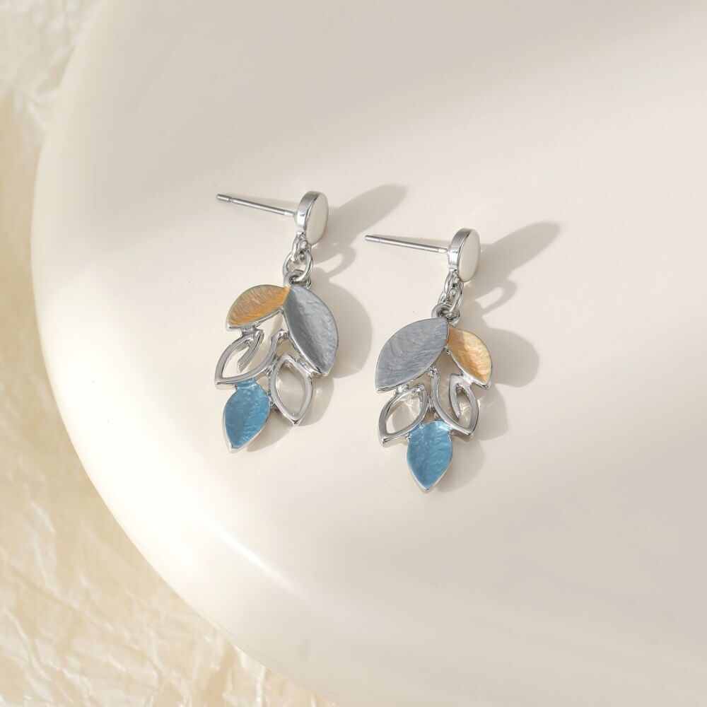 Silver Tone Stud Drop Earrings with Grey and Blue Leafy Design (3.5cm x 1.5cm) (M203)