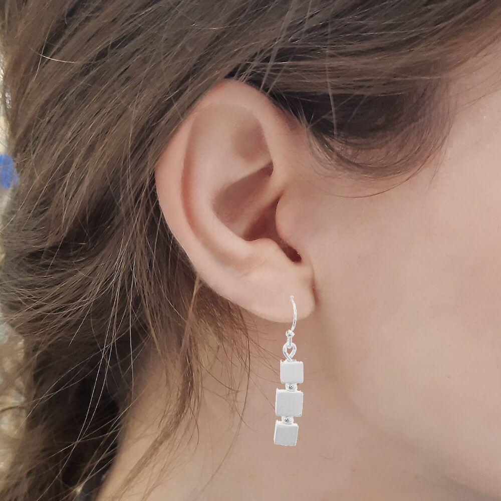 Triple Cube Drop Earrings in Matt Silver and Gold Tone (3.5cm x 0.5cm) (M19)G)