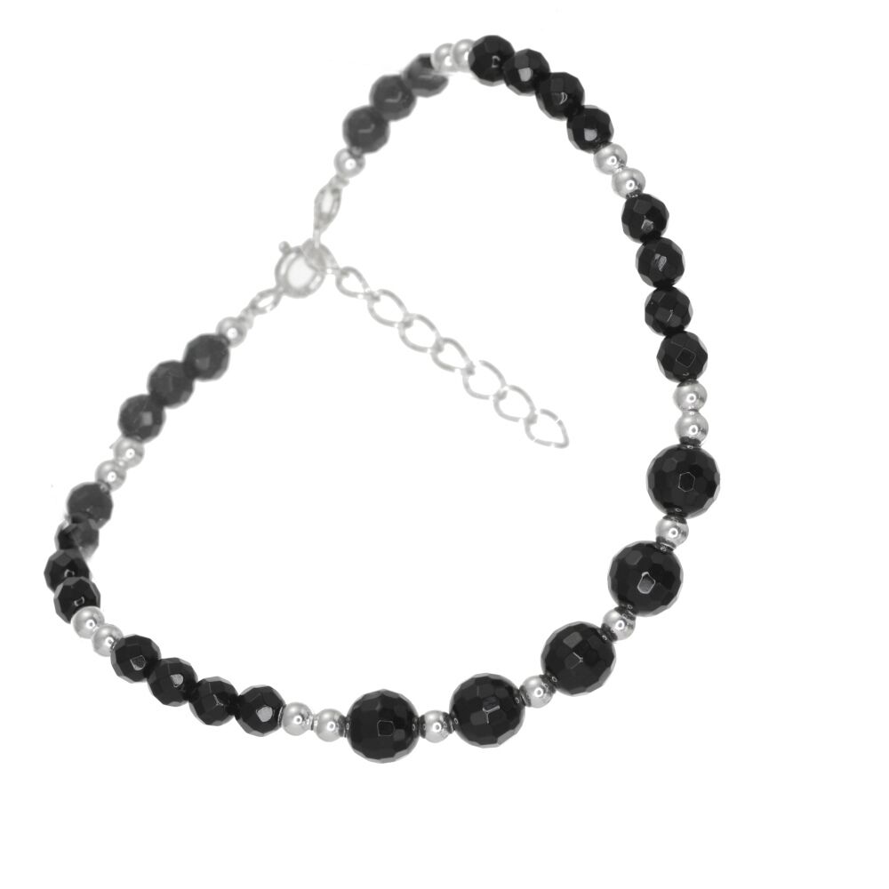 Beautiful Sterling Silver and Faceted Onyx Beaded Gemstone Bracelet