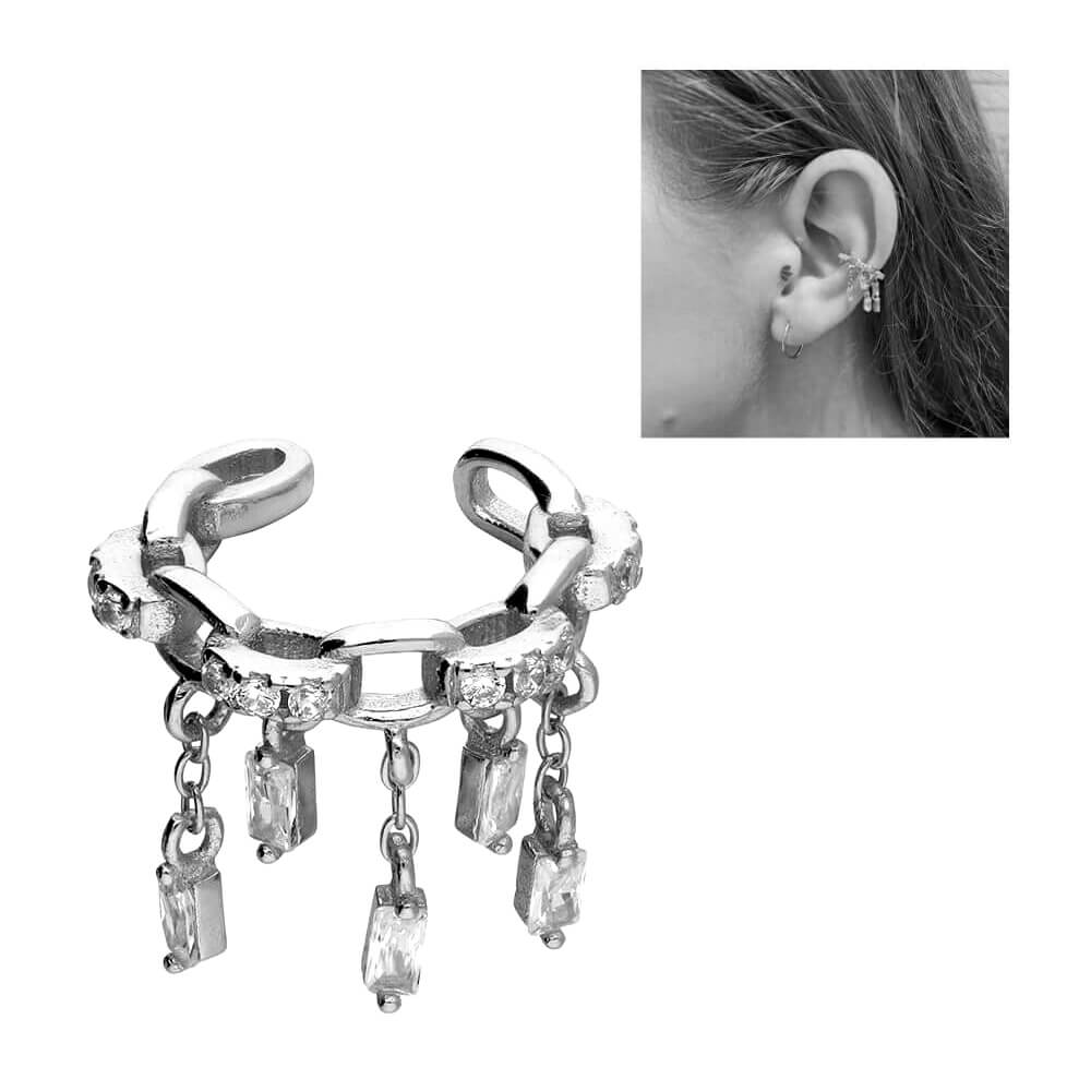 Sterling Silver Faux Conch Cuff with Dangly Crystals and Chains
