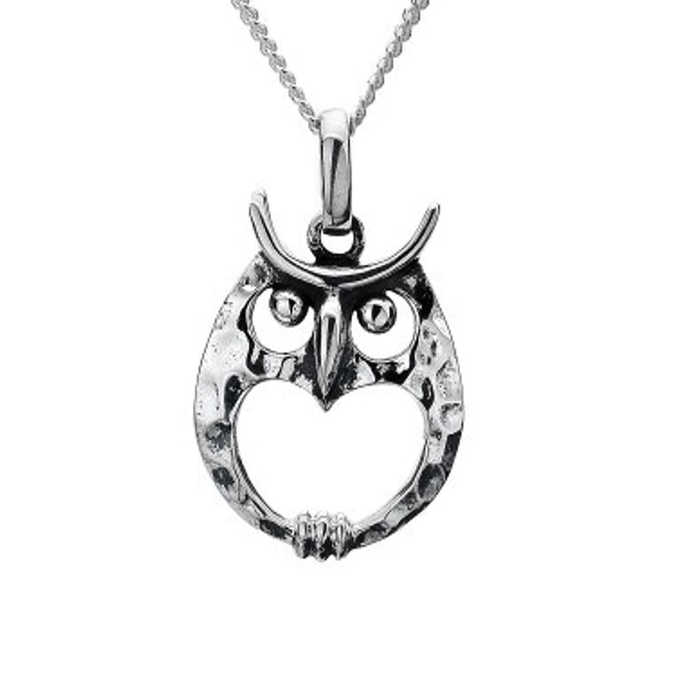 Round Sterling Silver Owl and Heart Pendant