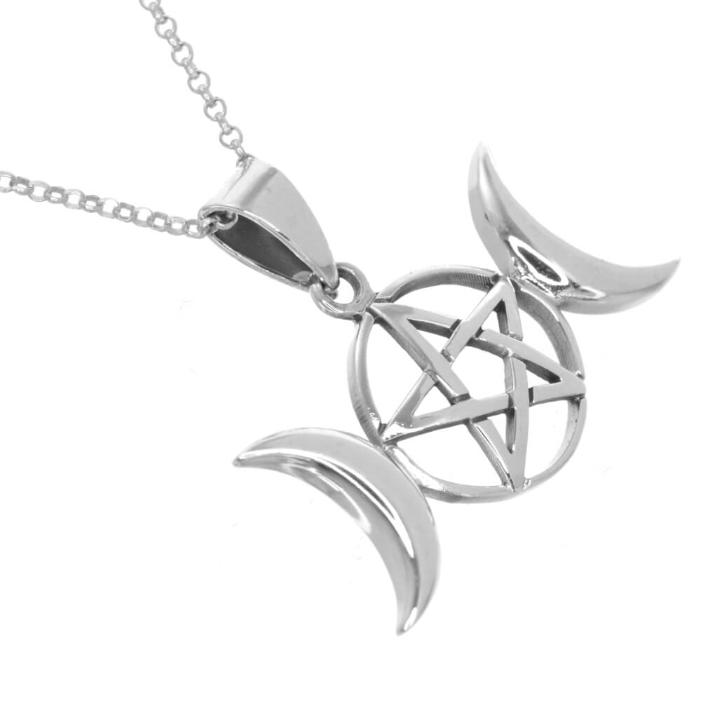 Sterling Silver Goddess Pendant with Crescent Moons and Pentagram Star