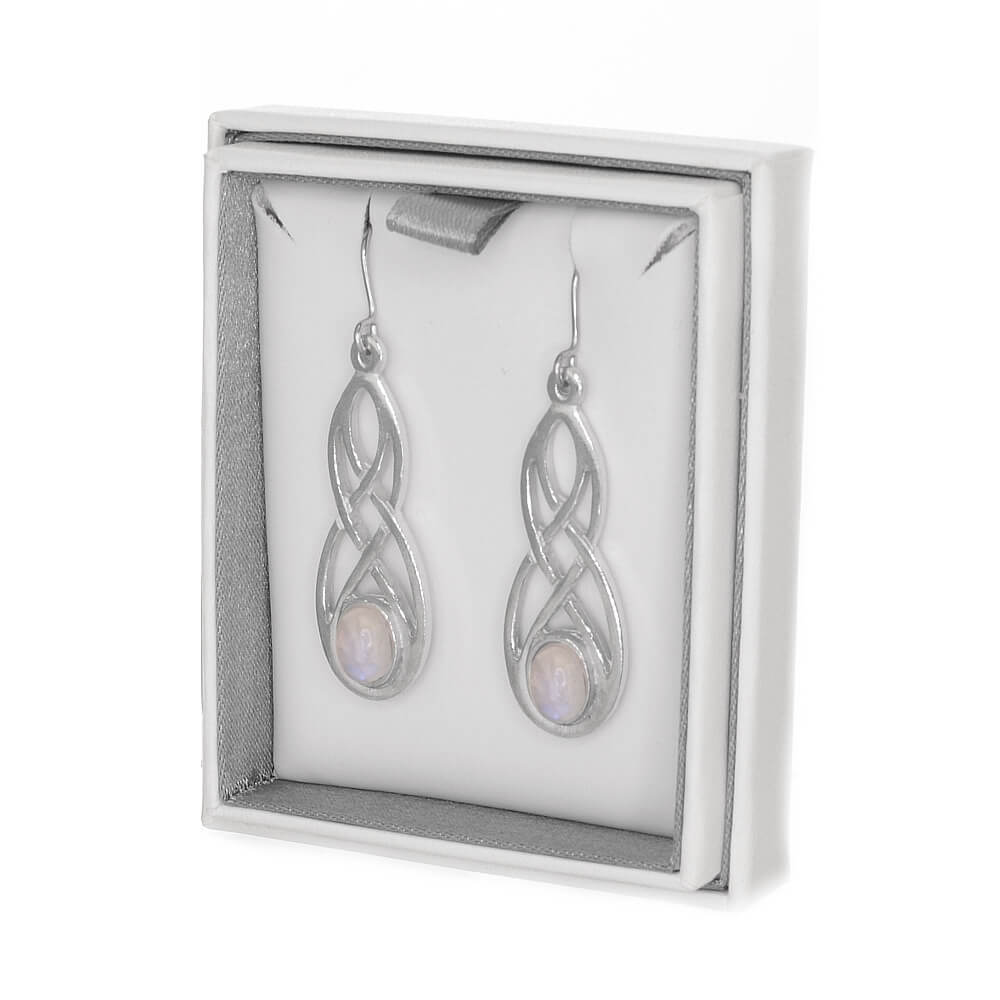 St Justin Pewter Jewellery: Beautiful 3cm Drop Earrings with Woven Celtic Knot and Rainbow Moonstone (SJ27)