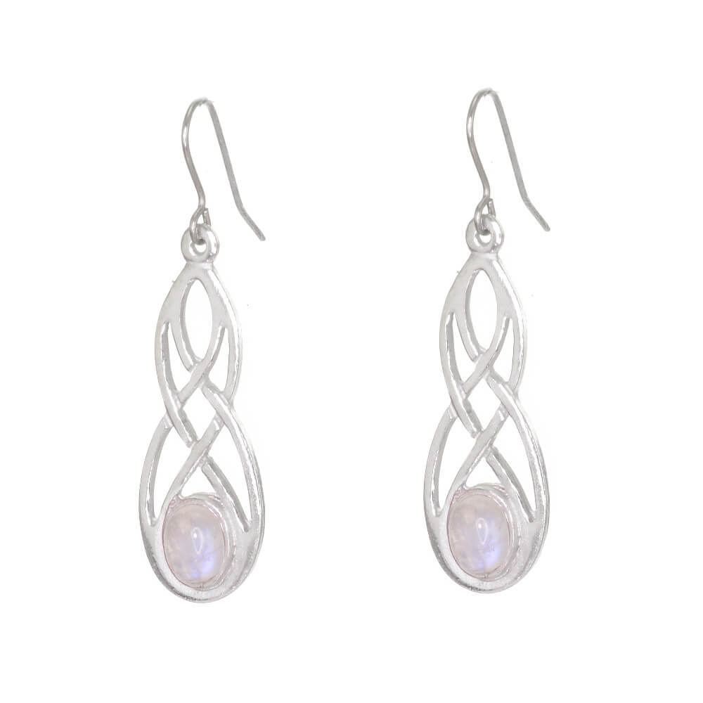 St Justin Pewter Jewellery: Beautiful 3cm Drop Earrings with Woven Celtic Knot and Rainbow Moonstone (SJ27)