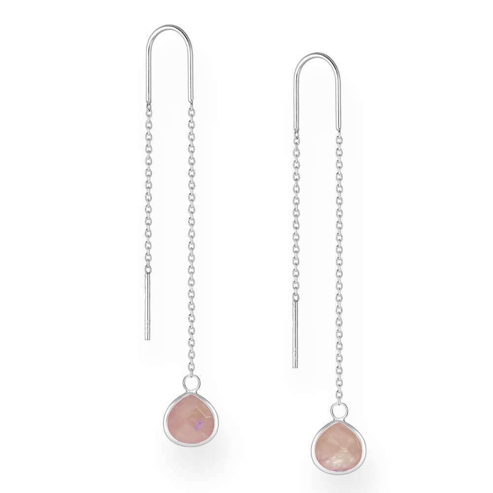 Sterling Silver Threader Chain Earrings with Faceted Rose Quartz Teardrops
