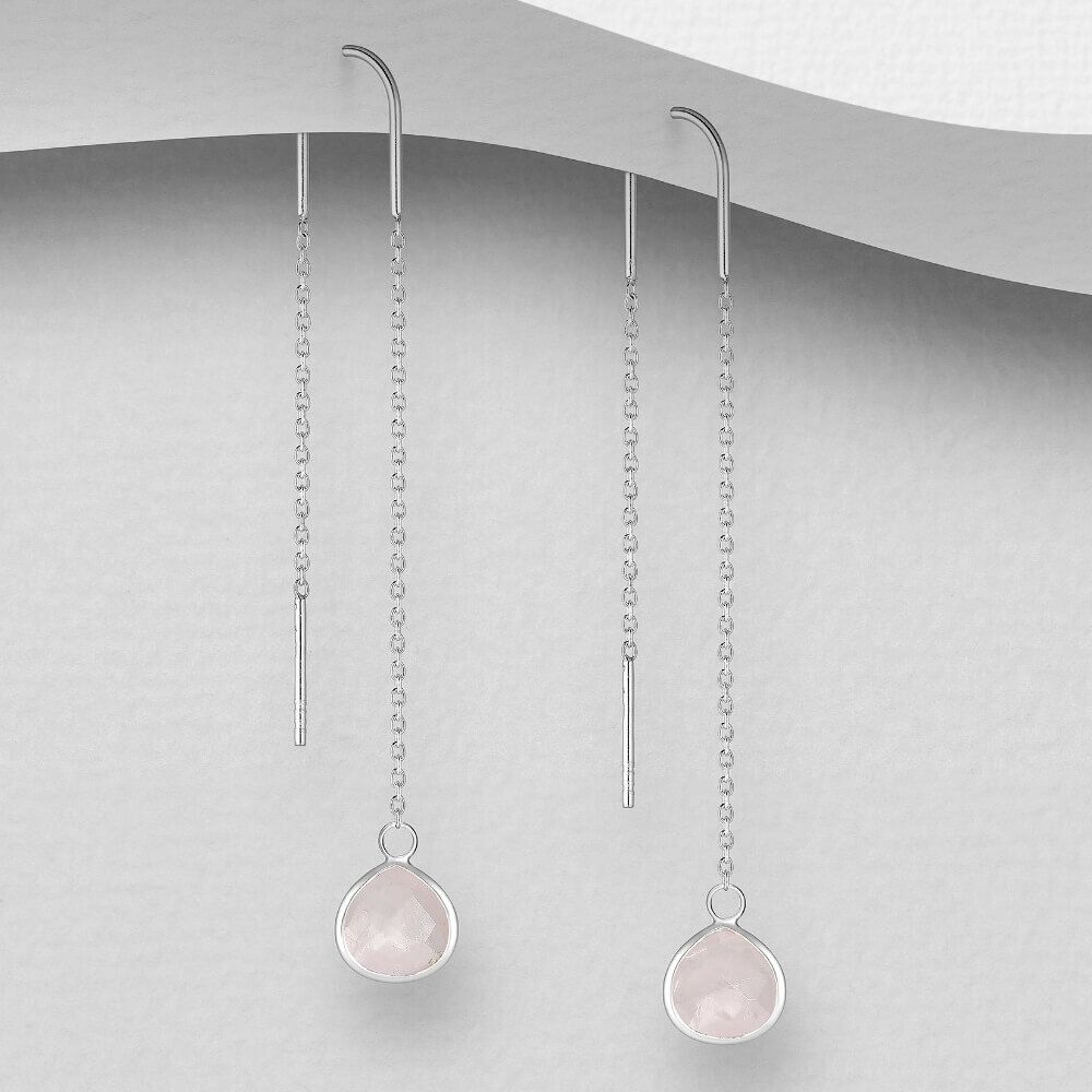 Sterling Silver Threader Chain Earrings with Faceted Rose Quartz Teardrops