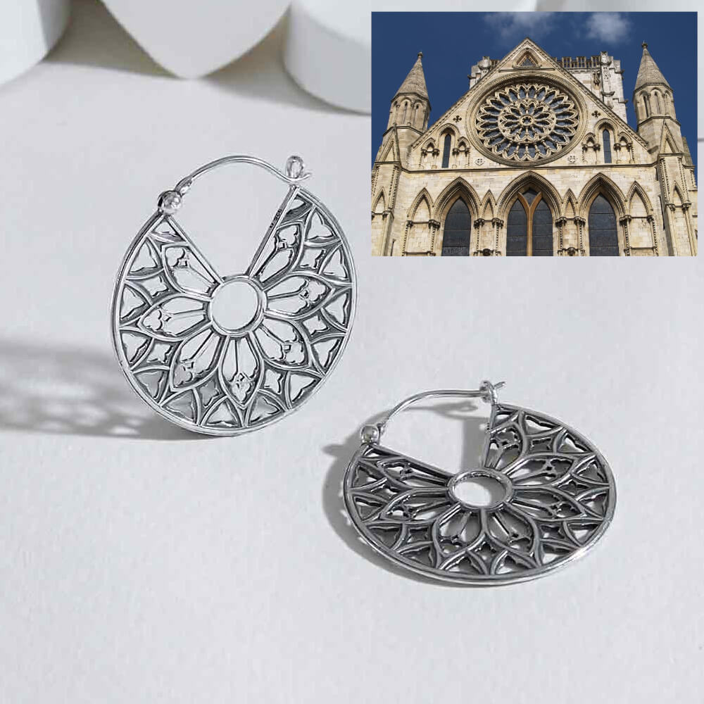Oxidised Sterling Silver Cathedral Rose Window Hoop Earrings