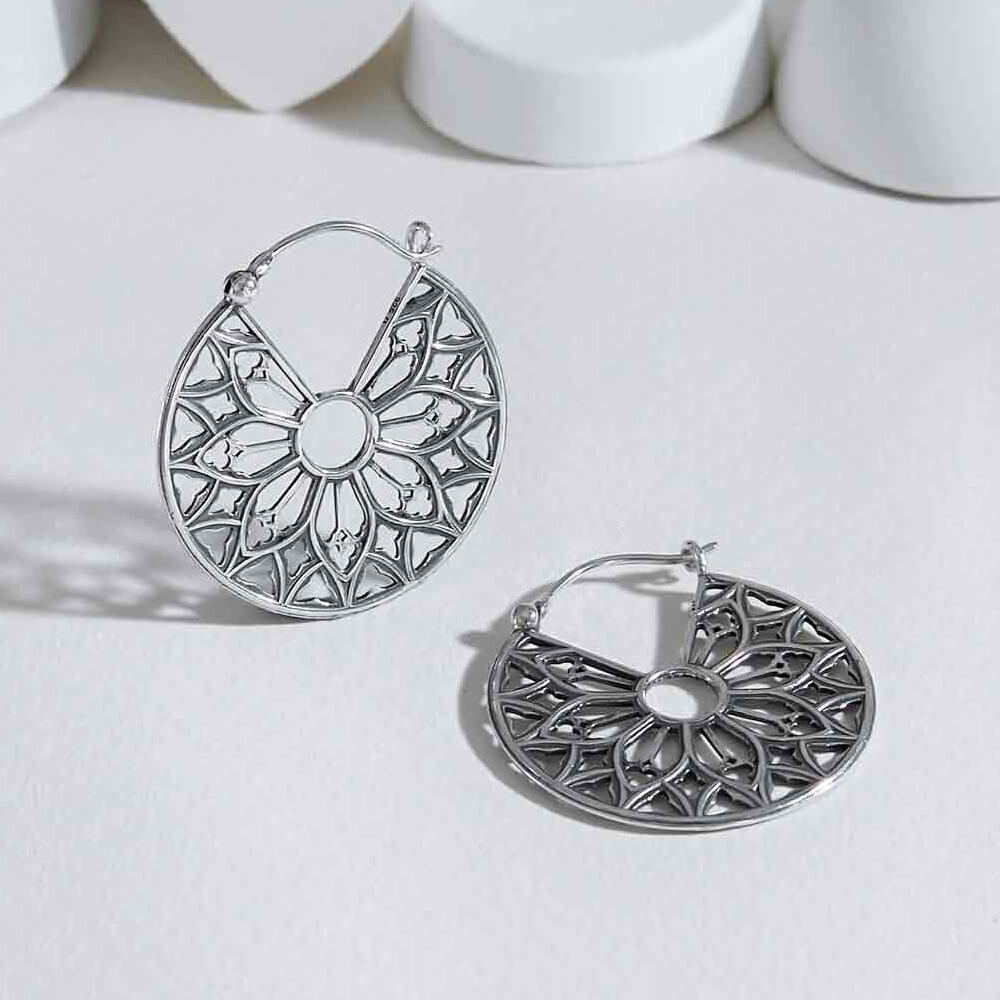 Oxidised Sterling Silver Cathedral Rose Window Hoop Earrings