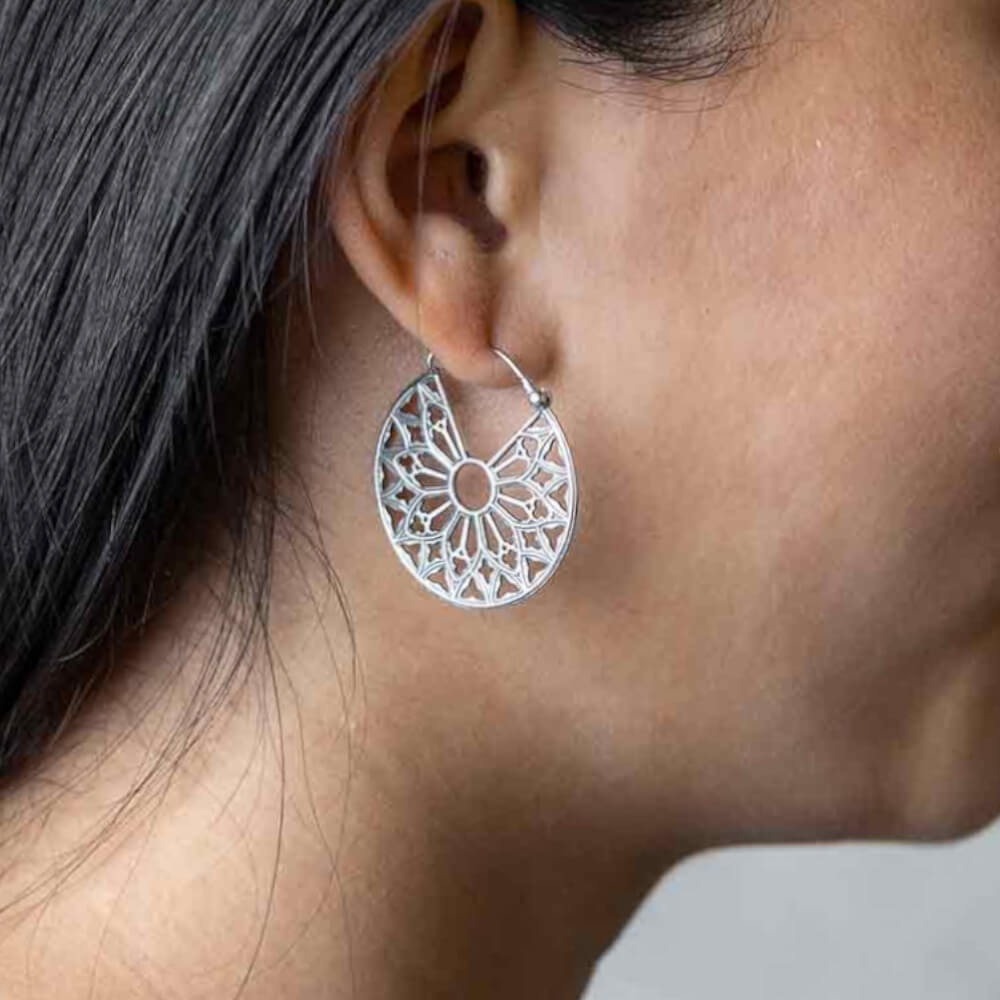 Oxidised Sterling Silver Cathedral Rose Window Hoop Earrings