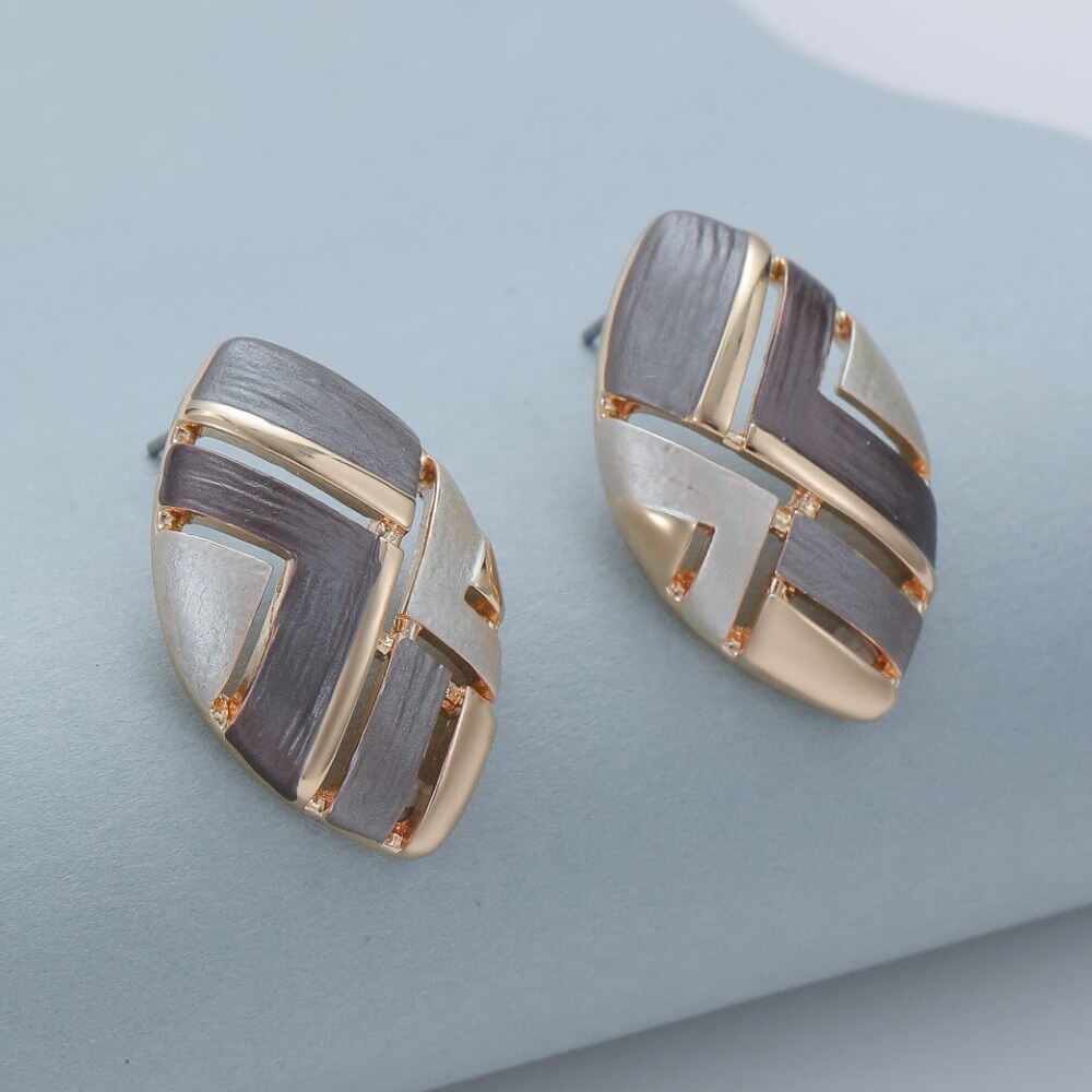 Statement Gold Tone Pointed Oval Earrings with Geometric Taupe Design (2.5cm x 1.5cm) (M431)