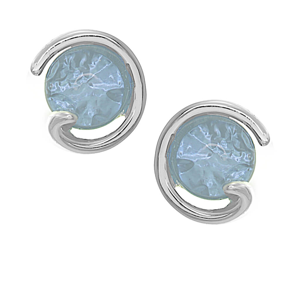 Round Shimmery BlueStud Earrings with Silver Tone Swirl Frame (1.2mm) (M126)