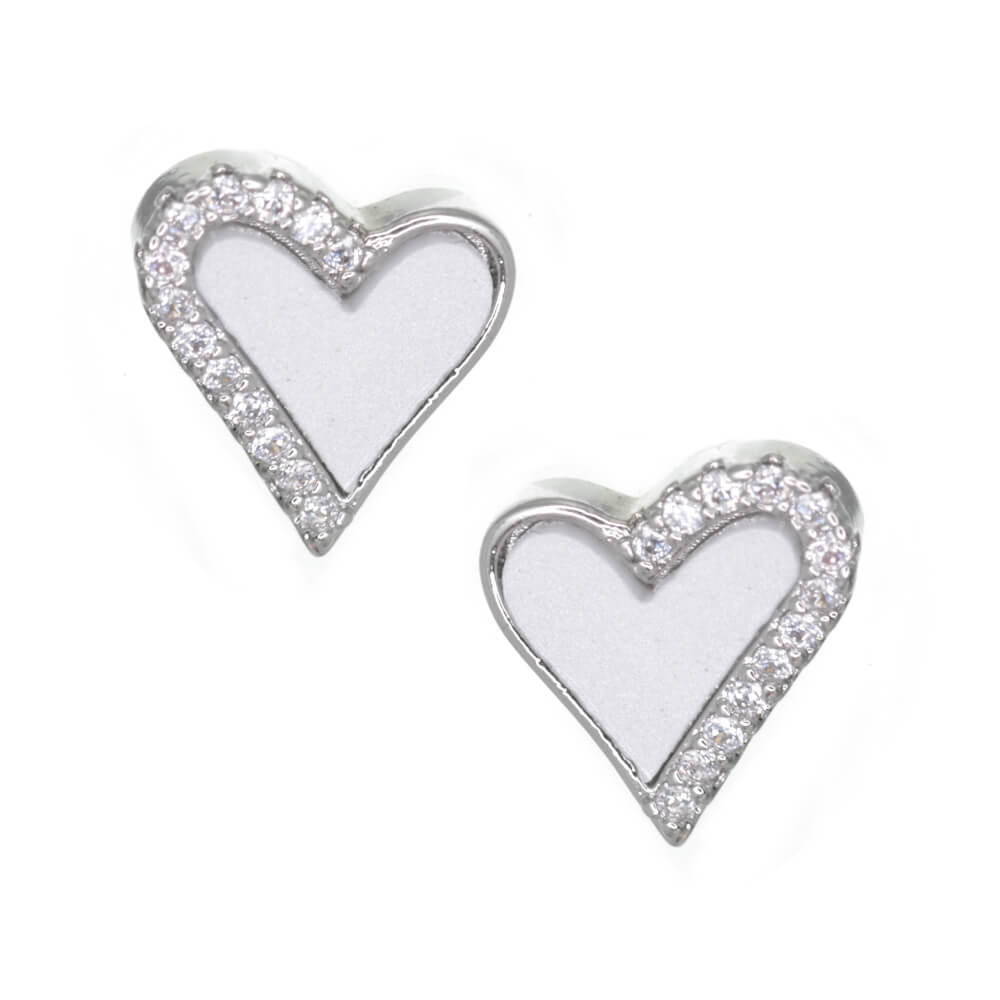 Matt Silver Heart Stud Earrings with Row of Crystals