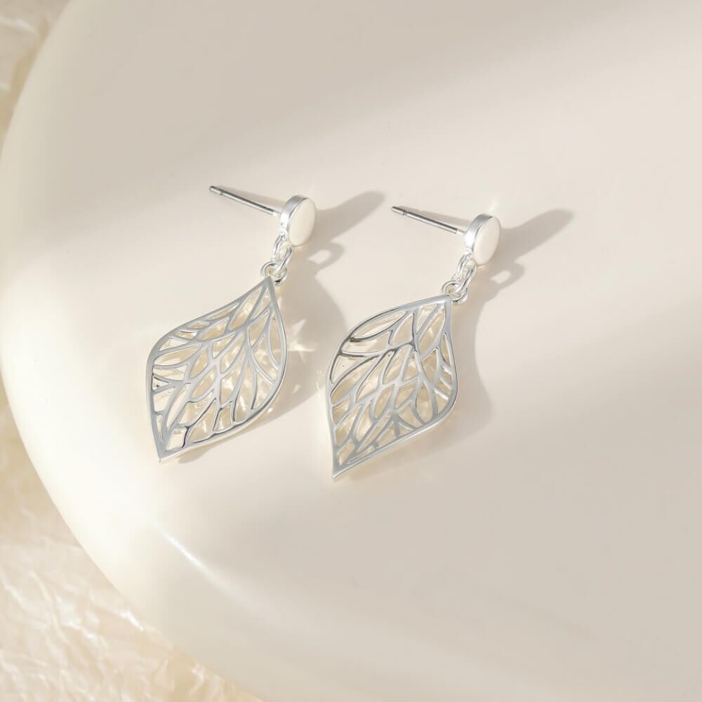 Silver Tone Earrings with Skeleton Leaf Design