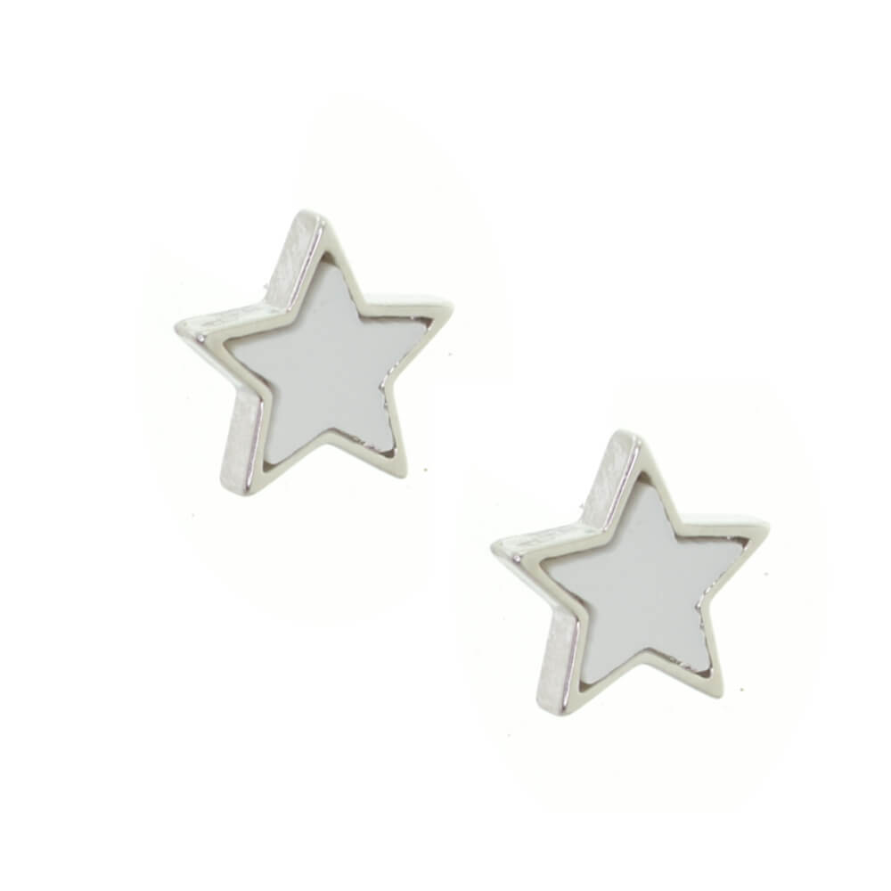 Small 8mm Silver Tone Star Stud Earrings with Matt White Inlay (M188)