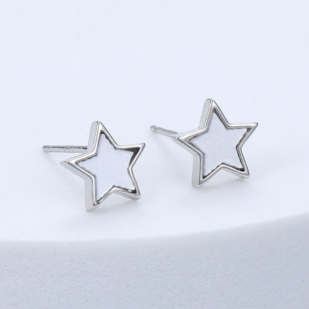 Small 8mm Silver Tone Star Stud Earrings with Matt White Inlay (M188)