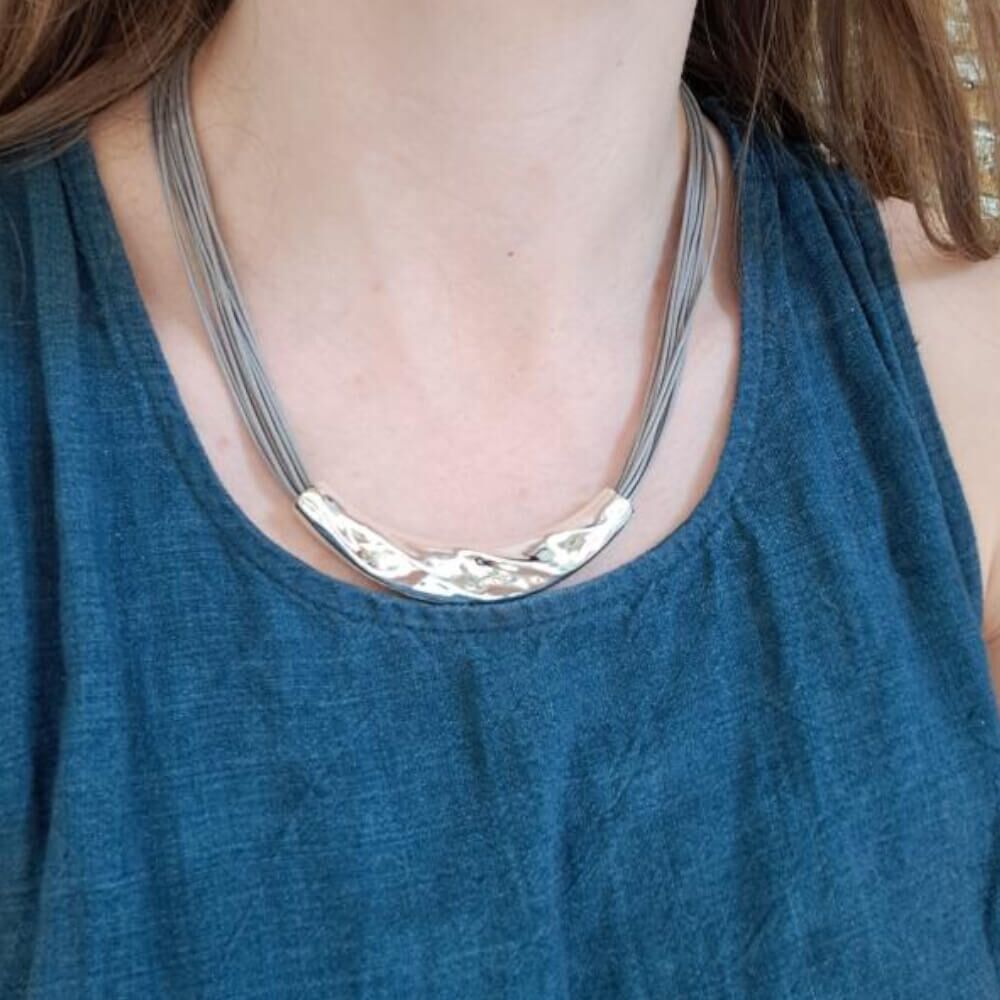Magnetic Grey Cord Necklace With Silver Tone Twisting Tube