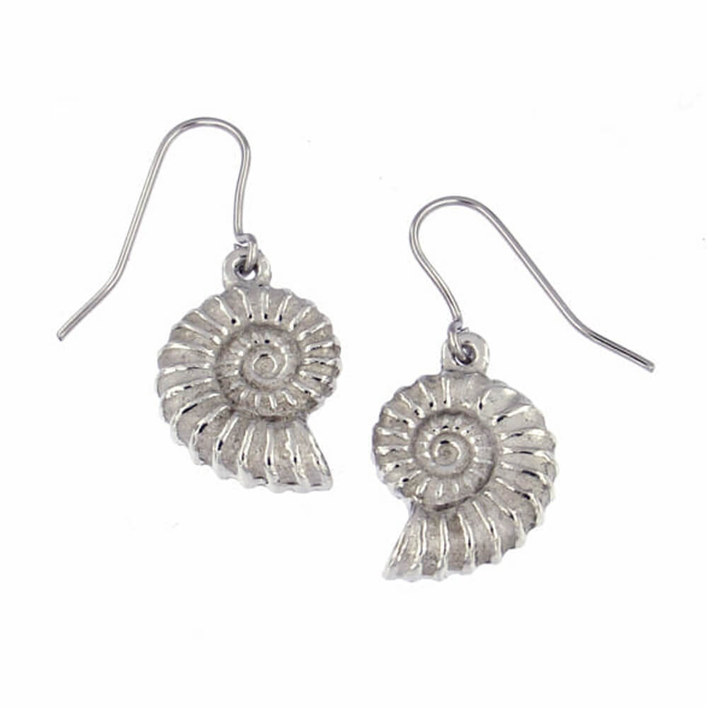 St Justin Handmade Pewter Jewellery: Gorgeous Ammonite Dangly Earrings (37mm Drops) (SJ40)