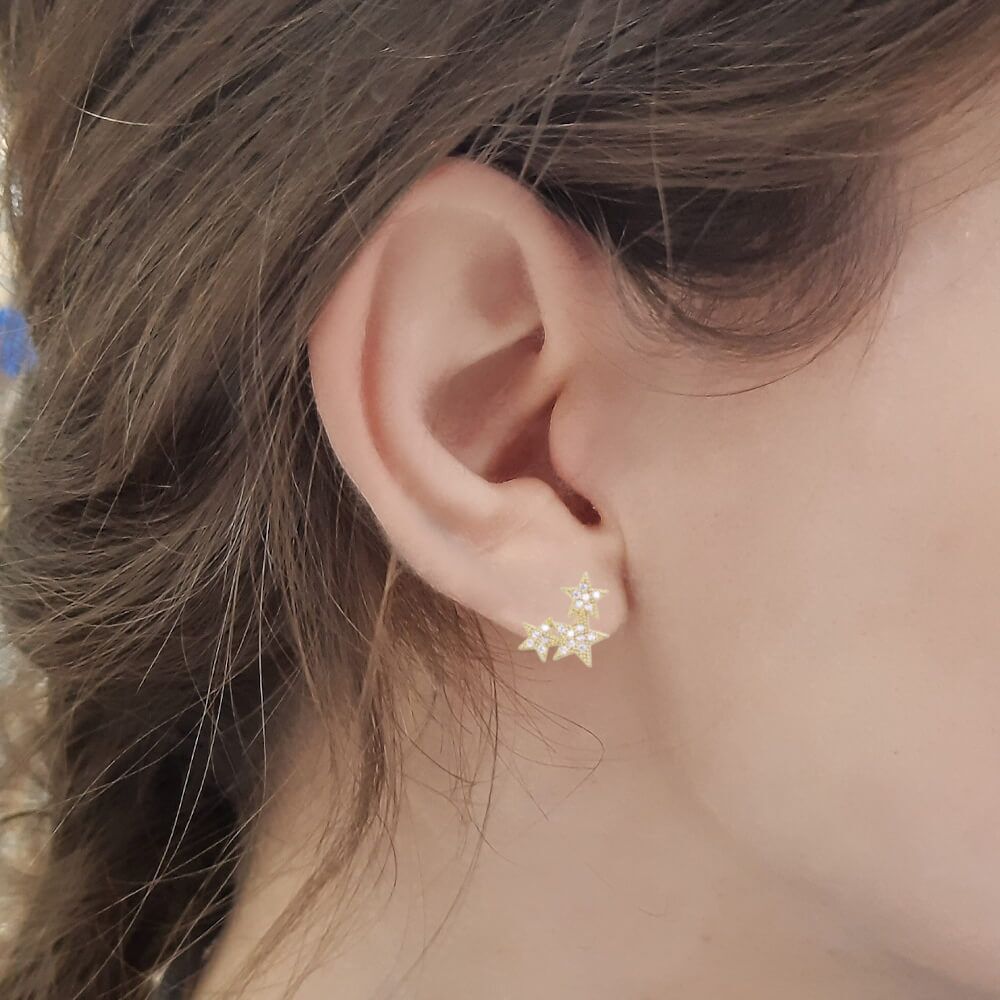 Pretty Gold Tone Sparkly Triple Star Design Stud Earrings (12mm) (M388)