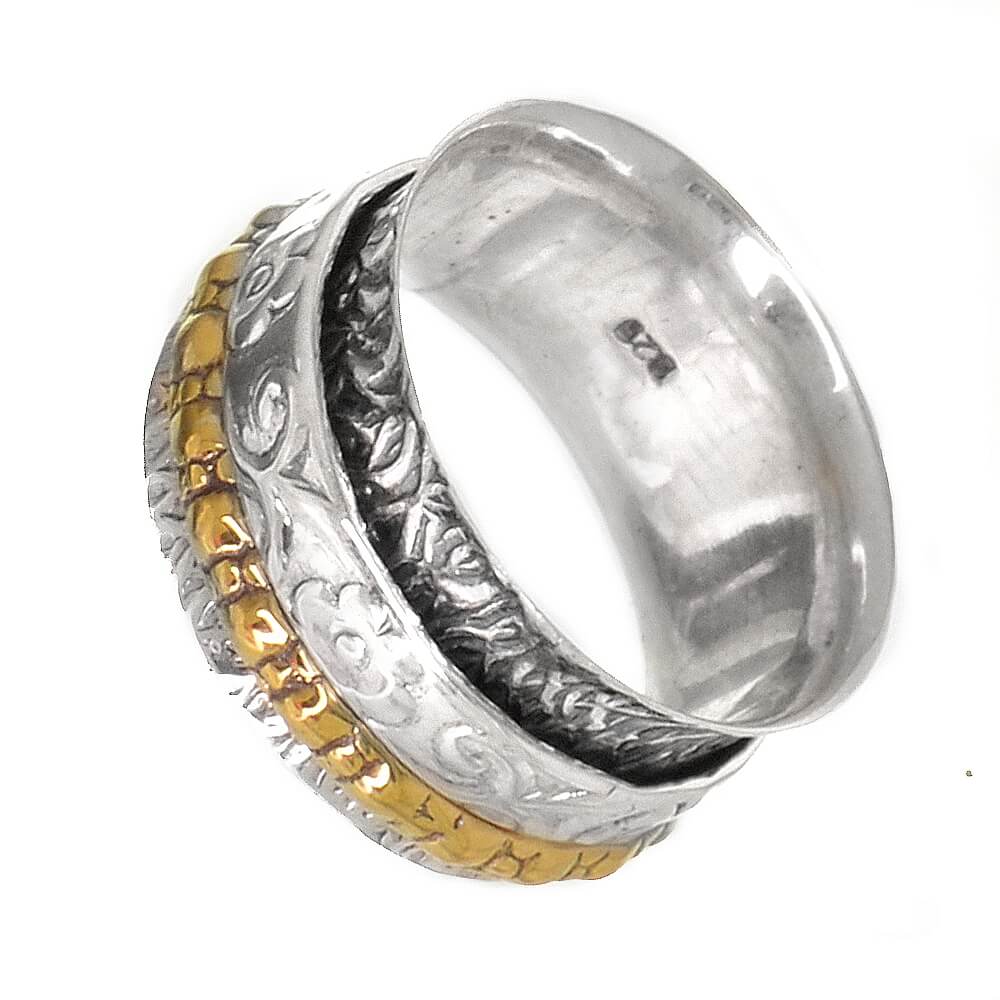Sterling Silver Jewellery: Chunky 11mm Oxidised Floral Silver and Brass Spinning Ring