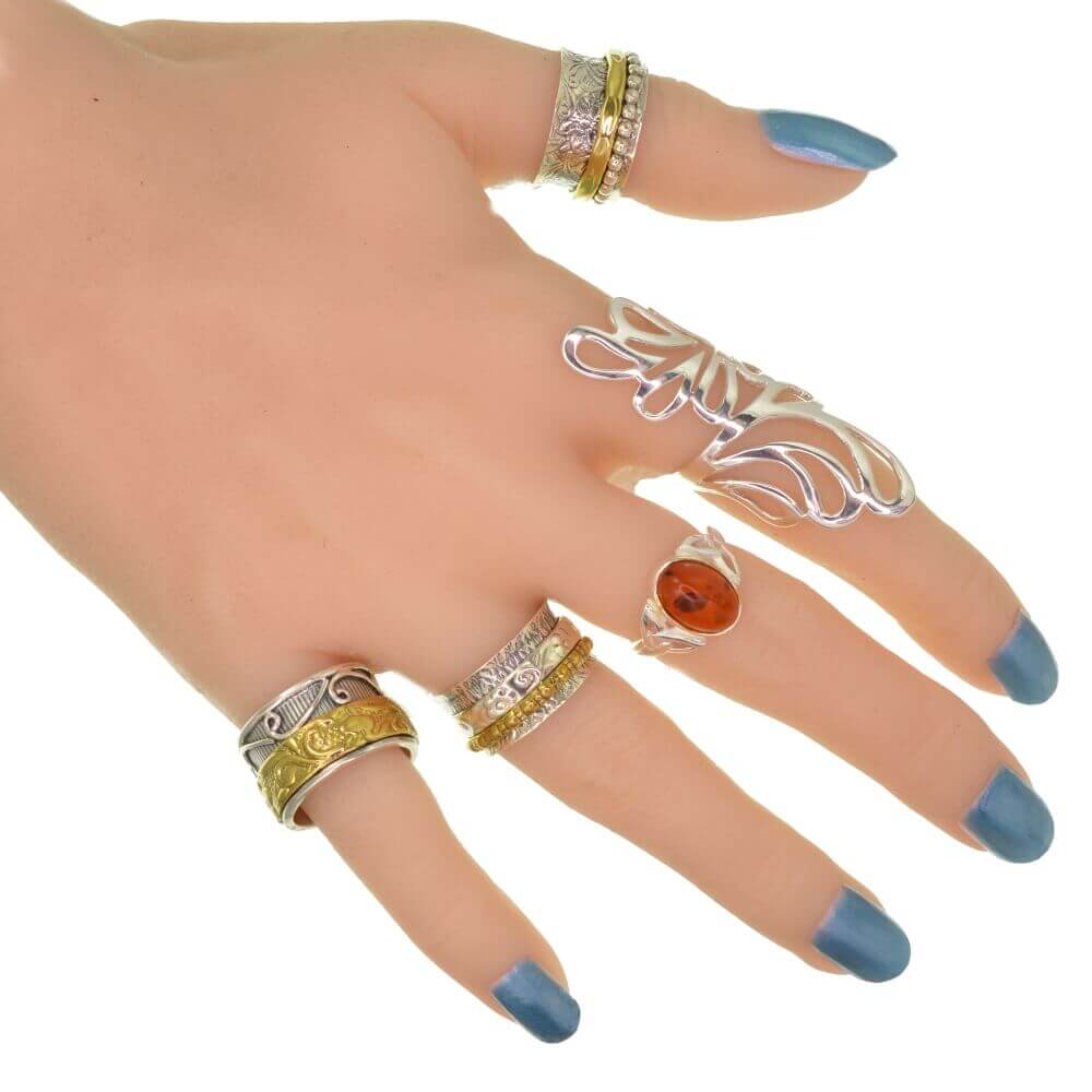 Sterling Silver Jewellery: Chunky 11mm Oxidised Floral Silver and Brass Spinning Ring