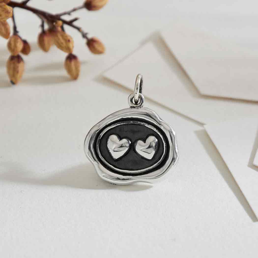 Oxidised Wax Seal Shape Pendant with Double Heart Design